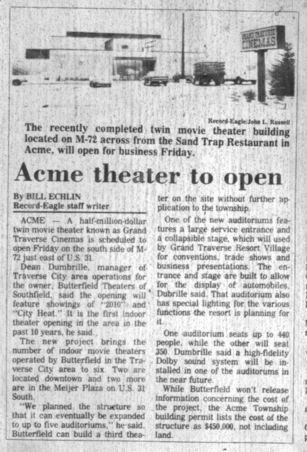 Traverse Bay Cinema - Gt Theater Opening Record Eagle Article 12-13-84 From J Perkette